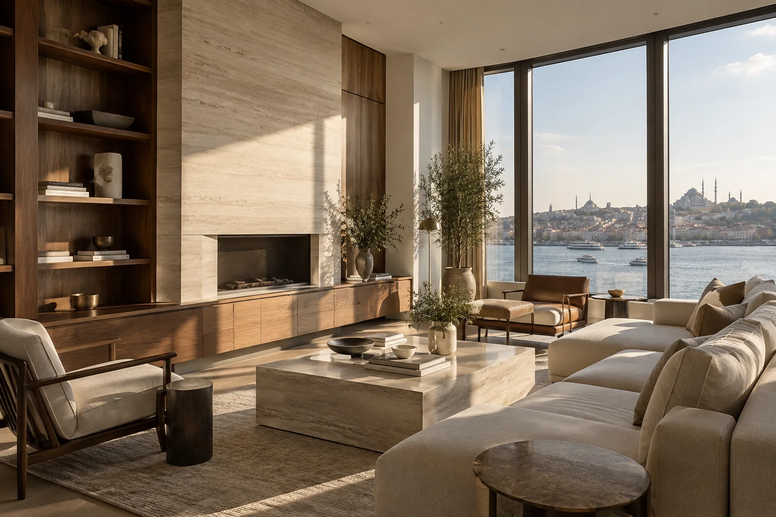 Ahşap ve doğal taş detaylarla tasarlanmış aydınlık salon; temsili tasarım